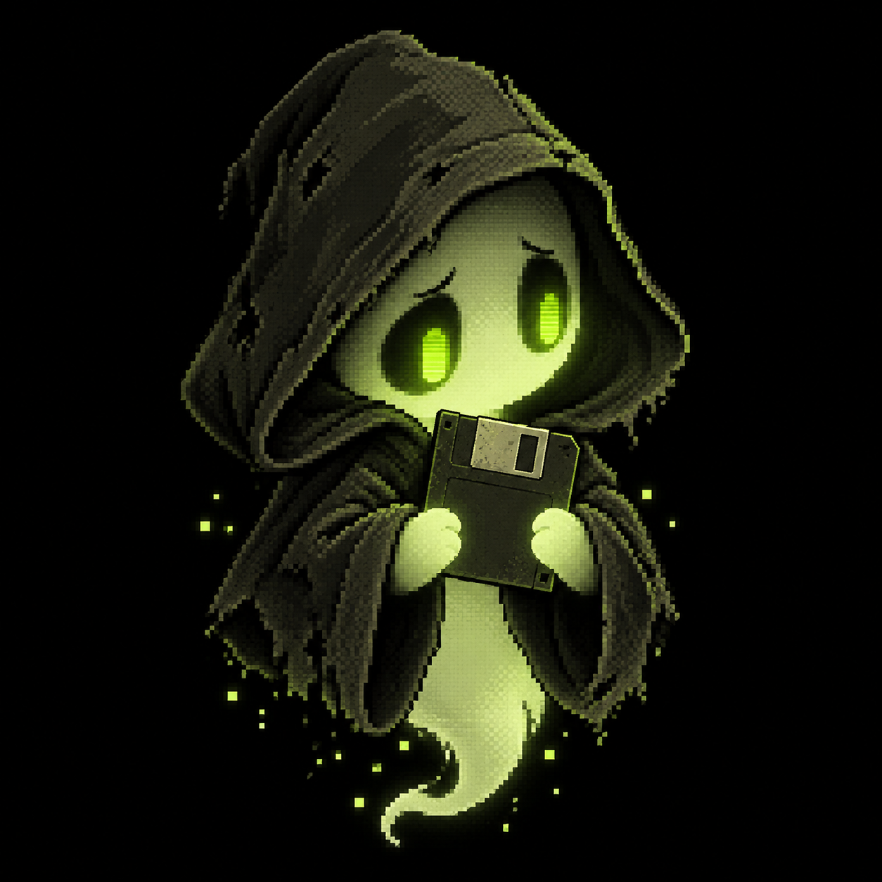 ECHO, a pixel art ghost archivist holding a floppy disk