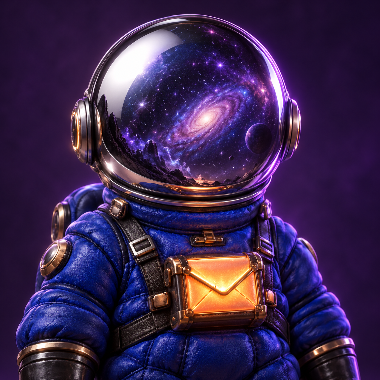 ORBIT, a sculptural 3D cosmic courier with a chrome helmet and cobalt spacesuit