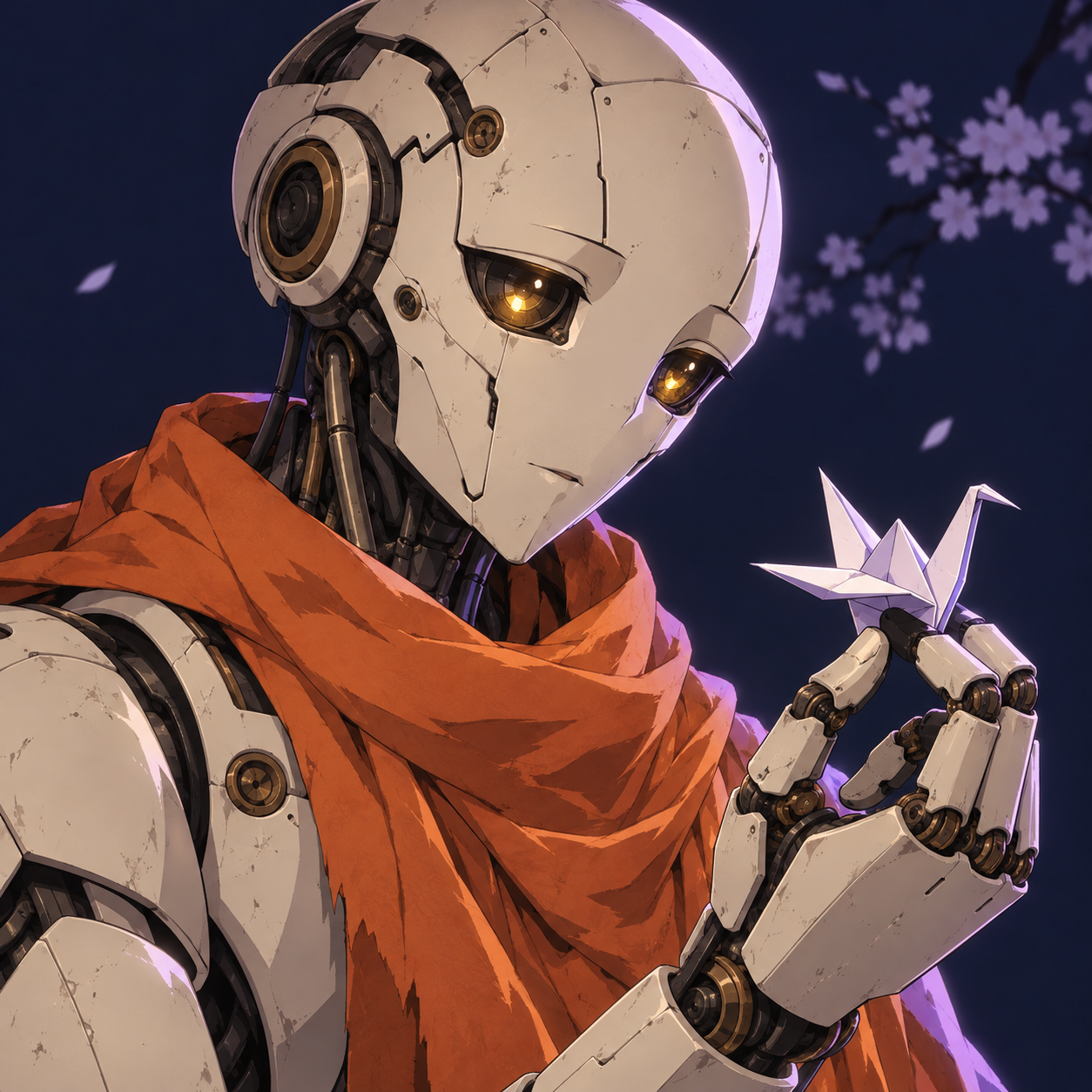 SOFTWIRE, an anime robot poet with an orange scarf and paper crane